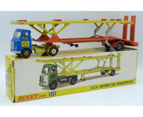 Dinky Toys diecast model A.E.C. Hoynor Car Transporter with blue cab and range and yellow trailer, 974, in original box with 