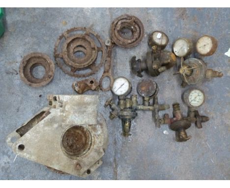 Circa 1920s Scott motorbike engine bottom end and various gas gauges etc