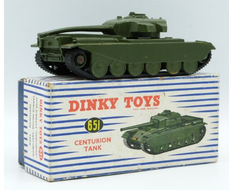 Dinky Toys diecast model Centurion Tank with green body and black rubber tracks, 651, in original box.&nbsp;