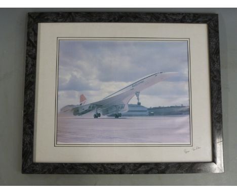 Concorde print, signed to mount by pilot Brian Trubshaw, 28 x 38cm&nbsp;