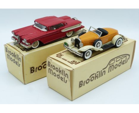 Two Brooklin Models 1:43 scale diecast model vehicles 1958 Edsel Citation Two-door Hardtop with red and white body, white int