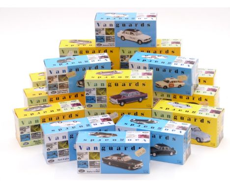 Eighteen Vanguards 1:43 scale limited edition diecast model vehicles comprising six police cars and 12 saloon cars, all in or