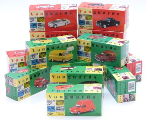 Fourteen Vanguards 1:43 scale limited edition diecast model vehicles comprising seven convertible sports cars and seven vans,