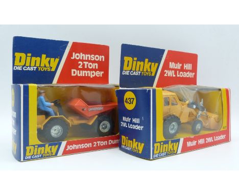 Two Dinky Toys diecast model construction vehicles Johnson 2 Ton Dumper 430 and Muir Hill 2WL Loader 437, both in original di