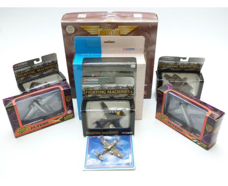 Eight Corgi and similar diecast model aeroplanes including The Aviation Archive Frontier Airliners Lockheed Constellation Qua