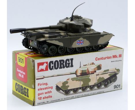 Corgi Toys diecast modek Centurion Tank Mk.III tank with camouflage paint, Union Jack decals and plastic missiles, 901, in or