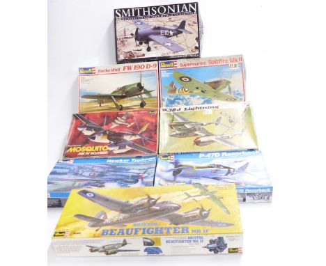 Eight Revell 1:32 scale model aeroplane kits including P-38J Lightning, Mk IV Bomber Mosquito, Bristol Beaufighter, Supermari