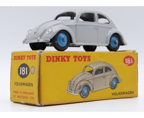 Dinky Toys diecast model Volkswagen with grey body and blue hubs, 181, in original box.