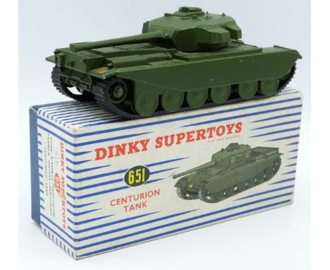 Dinky Supertoys diecast model Centurion Tank with green body and hubs and rubber tracks, 651, in original box.