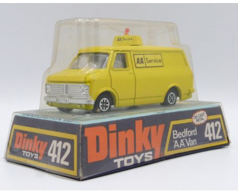 Dinky Toys diecast model Bedford AA Van with yellow body, white interior and AA Service decals, 412, in original bubble packe