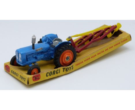 Corgi Toys diecast model Gift Set 18 Fordson Power Major Tractor And Four Furrow Plough with blue body, orange hubs and red a