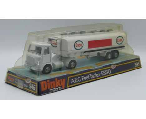 Dinky Toys diecast model A.E.C. Fuel Tanker Esso with white cab and tank, silver hubs and Esso decals, 945, in original bubbl