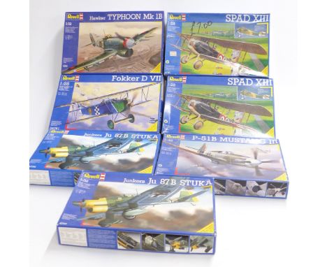 Seven Revell 1:28 and 1:32 scale model aeroplane kits comprising two Spad XIII 4746, two Junkers Ju 87B Stuka 4796, Hawker Ty