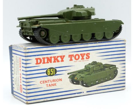 Dinky Supertoys diecast model Centurion Tank with green body and black rubber tracks, 651, in original box.&nbsp;