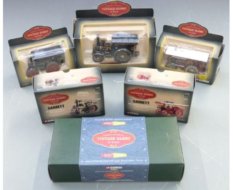 Six Corgi Vintage Glory of Steam 1:50 scale diecast model vehicles including Premium Edition Garrett 4CD Tractor &amp; Traile