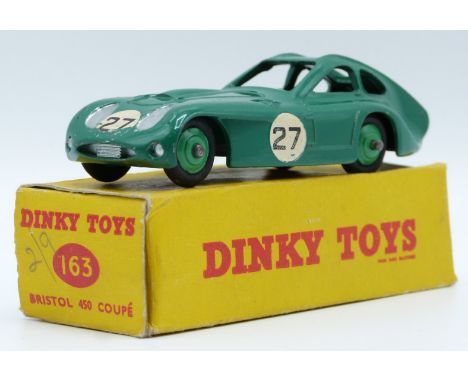 Dinky Toys diecast mode Bristol 450 with racing number 27 decals, green body and hubs, 163, in original box.