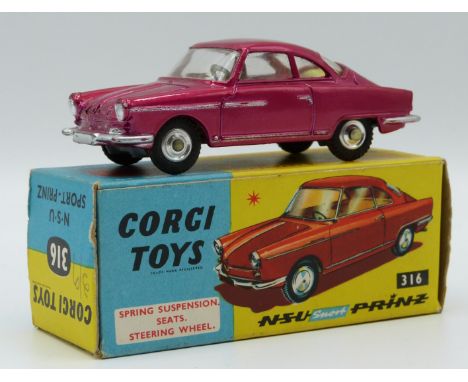 Corgi Toys diecast model NSU Prinz Sport with metallic&nbsp;pink body, cream interior and silver hubs, 316, in original box