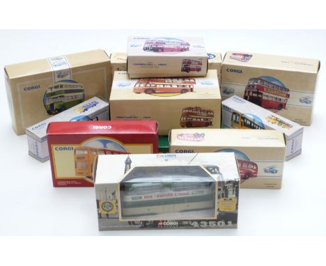 Eleven Corgi and Corgi Classics diecast model buses, bus sets and trams including Blackpool Balloon Tram, K H Norton Leiceste