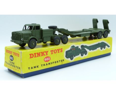 Dinky Supertoys diecast model Tank Transporter with green body and trailer, 660, in original box.