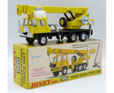 Dinky Toys diecast model Coles Hydra Truck 150T with yellow cab and crane, black chassis and silver hubs, 980, in original bo