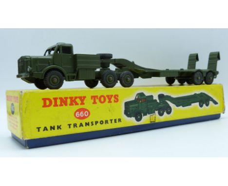 Dinky Supertoys diecast model Tank Transporter with green body and trailer, 660, in original box.