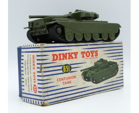 Dinky Supertoys diecast model Centurion Tank with green body and hubs and rubber tracks, 651, in original box.