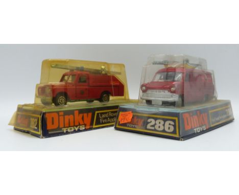 Two Dinky Toys diecast model fire engines Ford Transit Fire Appliance 286 and Land Rover Fire Appliance 282, both in original