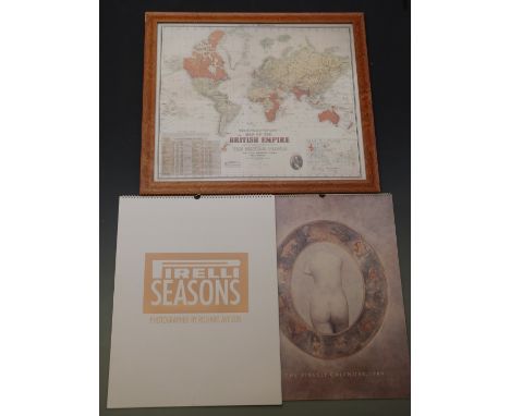 Framed Howard Vincent Map of the British Empire and two boxed Pirelli calendars