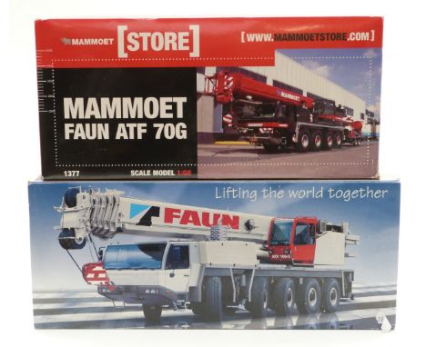 Two 1:50 scale diecast model cranes Tadano Faun All Terrain AFT 100-5 and Mammoet Faun ATF 70G, both in original boxes.&nbsp;