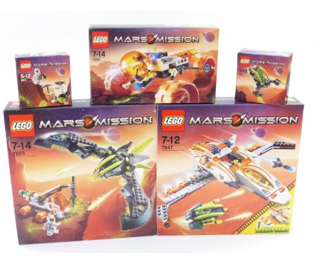 Five Lego Mars Mission construction sets Switch Fighter 7647, ETX Alien Strike 7693, Trike 7694, Alien Jet 5617 and Mini Robo