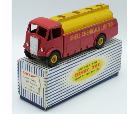 Dinky Toys diecast model A.E.C Tanker with red cab, yellow tank and hubs and Shell Chemicals Limited decals, 991, in original