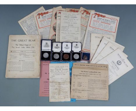 Stroud interest motorcycle trial ephemera and medals relating to R.W. Sutton, including silver medals for the 1936 Exeter, 19