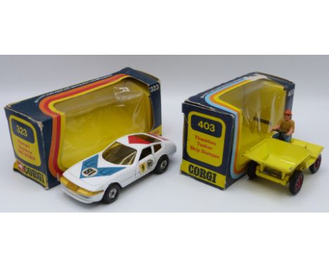 Two Corgi Toys diecast model vehicles Ferrari Daytona 365 GTB/4 323 and Thwaites Tusker Skip Dumper 403, both in original dis