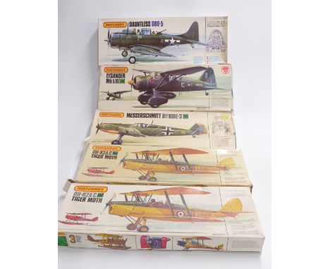 Six Matchbox 1:32 scale model aeroplane kits including Douglas Dauntless PK-503, Westland Lysander PK-504, Tiger Moth PK-505,