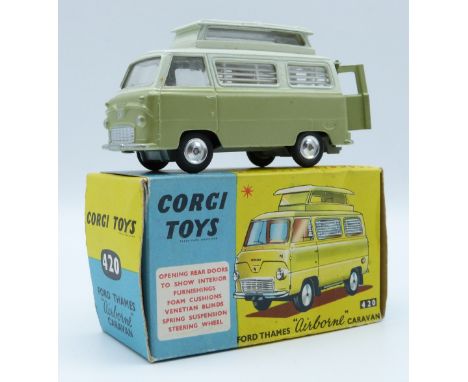 Corgi Toys diecast model Ford Thames Airborne Caravan with two-tone green and cream body, tan interior and silver hubs, 420, 