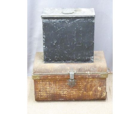 Farrow and Jackson of London and Paris metal wine carrier with six bottle insert and a tin trunk, largest W54 x D35 x H34cm&n