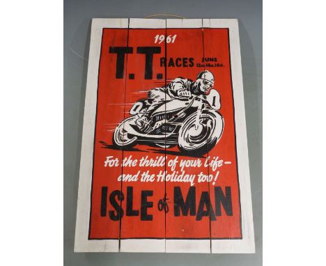 1961 Isle of Man TT Races painted wooden panel, 60 x 40cm
