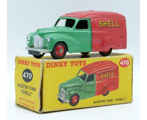 Dinky Toys diecast model Austin Van with green and red body, red hubs and 'Shell BP' decals, 470, in original box.