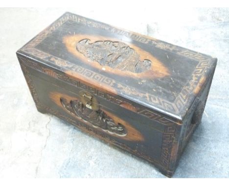 Chinese carved hardwood trunk with camphorwood lining, W93 x D45 x H50cm&nbsp;