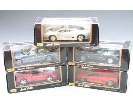 Five Maisto Special Edition 1:18 scale diecast model cars comprising Jaguar XK8 XJ220 and S-Type, Ferrari 348ts and Lamborghi