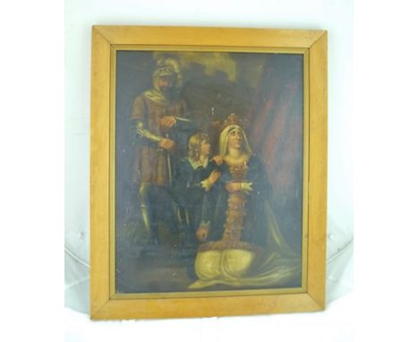 19TH CENTURY EUROPEAN SCHOOL Portrait of Mrs Simms as Constance, depicts three figures, one a knight, Oil painting on canvas,