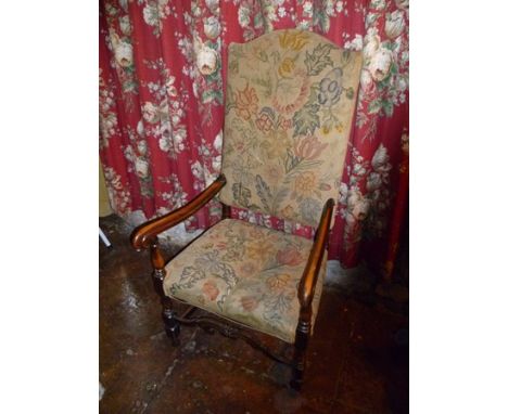 A WILLIAM AND MARY DESIGN OPEN ARM CHAIR with scroll arms, with tapestry effect needlework seat and back pad 