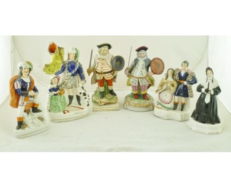 A COLLECTION OF CERAMIC FIGURES includes two depictions of Falstaff, Staffordshire flatbacks and a figure of Charlie's Aunt (