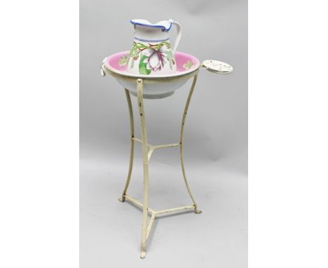 A FRENCH WROUGHT METAL FRAMED WASHSTAND with ceramic bowl and jug (AF) 