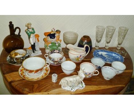 A COLLECTION OF VARIOUS GLASS AND CERAMIC WARES including a 19th century Staffordshire goat, some Staffordshire figures inclu