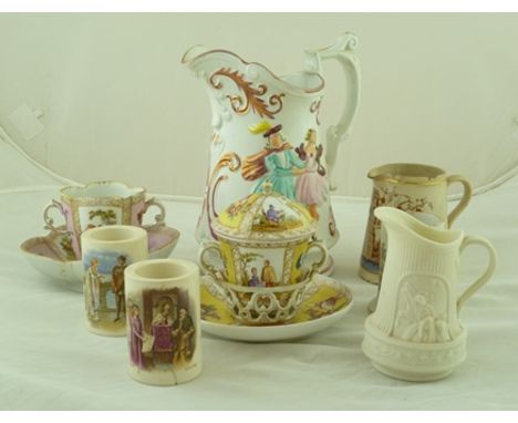 A GERMAN PORCELAIN CHOCOLATE CUP AND COVER AND SAUCER, decorated in alternate panels of flowers on a yellow ground and figure