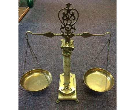 A 1920's SET OF BRASS AND ONYX APOTHECARY SCALES &amp; WEIGHTS