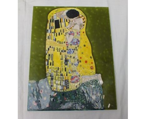 A GLAZED CERAMIC TILE depicting an image of "The Kiss" after Gustav Klimt, tile is monogrammed bottom left, possibly BLT, 35c