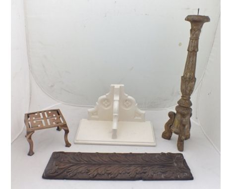 FOUR DOMESTIC ITEMS, comprising an early wooden tall candlestick, a white shelf unit, early carved panel, and a Joseph Walker