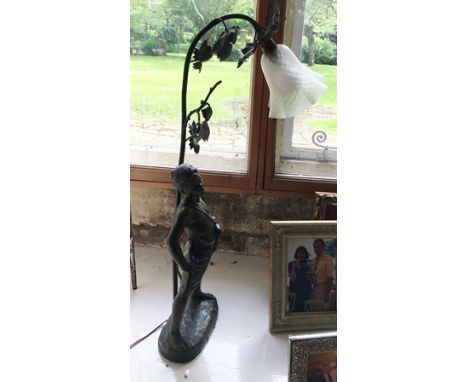 A CONTINENTAL SPELTER TABLE LAMP, the base modelled as a boy, with vine tendril stem, having a glass opaque shade 